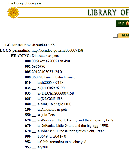 LC Authority File Dinosaurs as pets