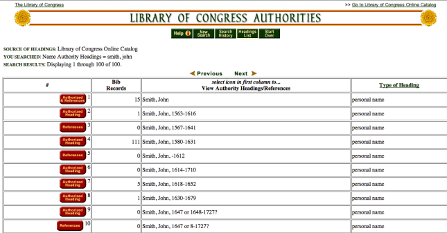 LC Authority File John Smith search results