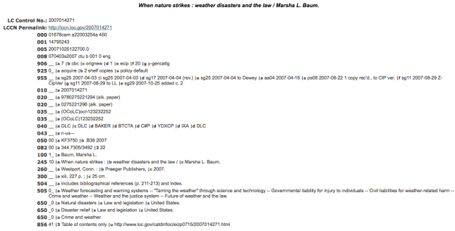LC Catalog MARC record 1 screenshot