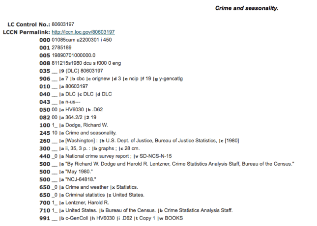 LC Catalog crime and weather--statistics MARC record screenshot